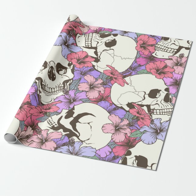 Papel De Presente Padrão sem costura com crânios encontram flores (Desenrolado)