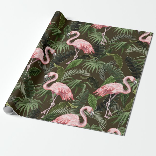 Papel De Presente Padrão sem costura com flamingo e folhas tropicais (Desenrolado)