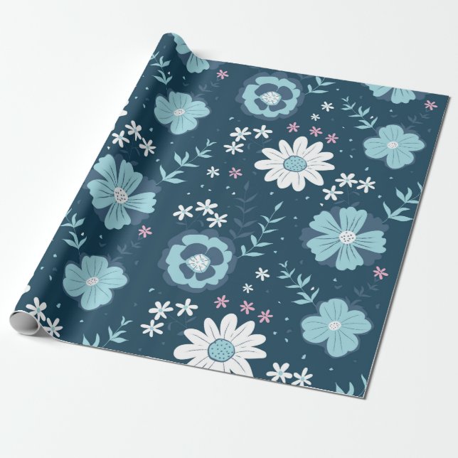 Papel De Presente Padrão sem costura com flores azuis de verão no es (Desenrolado)