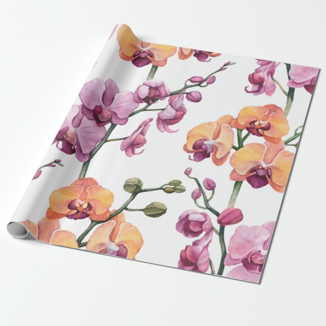 Papel De Presente Padrão sem costura com flores de orquídea aquarela (Desenrolado)