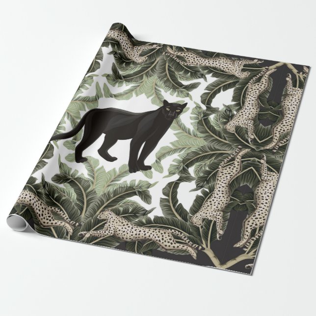Papel De Presente Padrão sem costura com folhas e animais tropicais (Desenrolado)