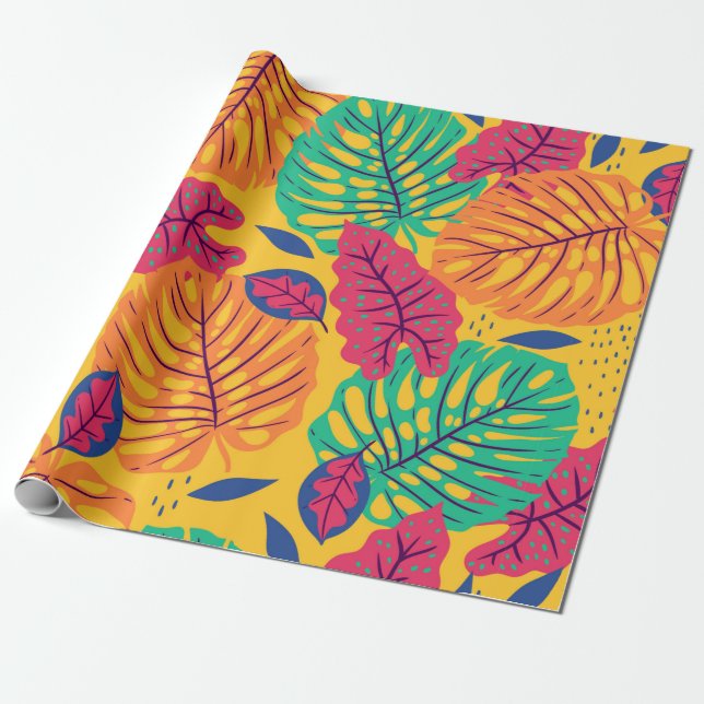 Papel De Presente Padrão sem costura com folhas tropicais em amarelo (Desenrolado)