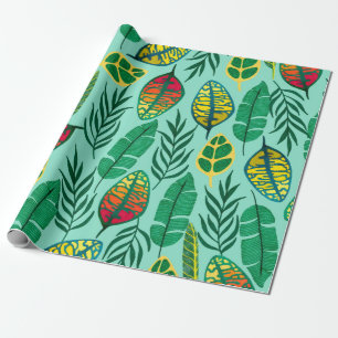 Papel De Presente Padrão sem costura com folhas tropicais. Gouache a