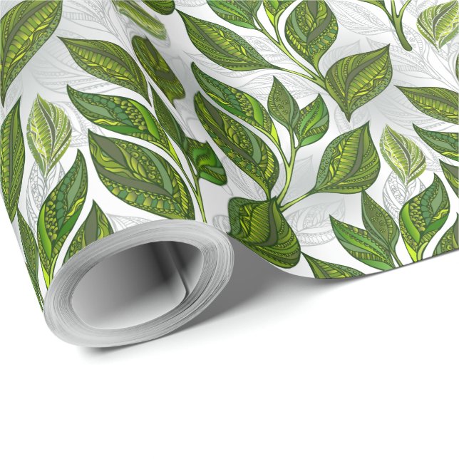 Papel De Presente Padrão sem costura com folhas verdes de chá (Ponta do rolo)