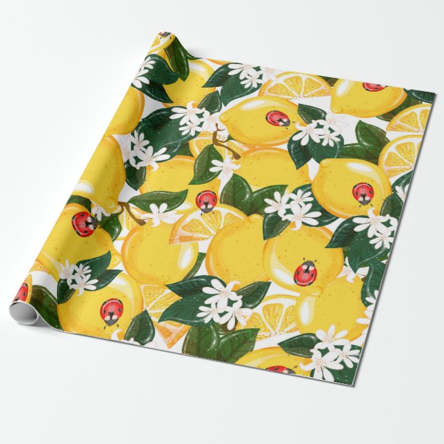Papel De Presente Padrão sem costura com frutas tropicais de limão d (Desenrolado)