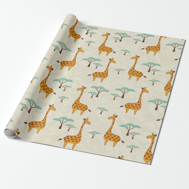 Papel De Presente Padrão sem costura com girafas e árvores fofinhas, (Desenrolado)