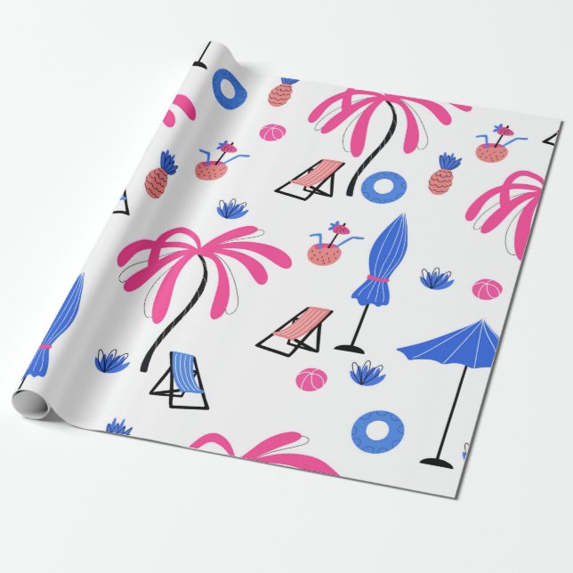 Papel De Presente Padrão sem costura com palmeiras abacaxis coconu (Desenrolado)