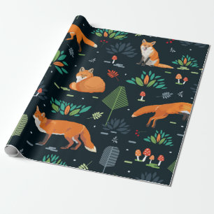 Papel De Presente Padrão sem costura com raposas, árvores, folhas,
