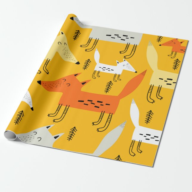 Papel De Presente Padrão sem costura com raposas de cartoon, element (Desenrolado)