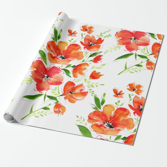 Papel De Presente Padrão sem costura de aquarela flores de laranja (Desenrolado)