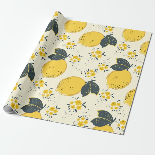 Papel De Presente Padrão sem costura de citrinos com limão amarelo c (Desenrolado)