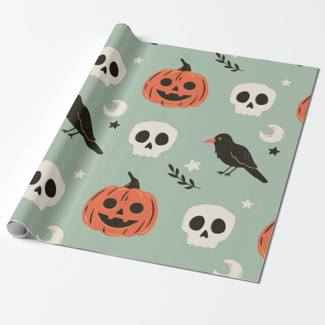 Papel De Presente Padrão sem costura do Halloween com ravens, crânio (Desenrolado)