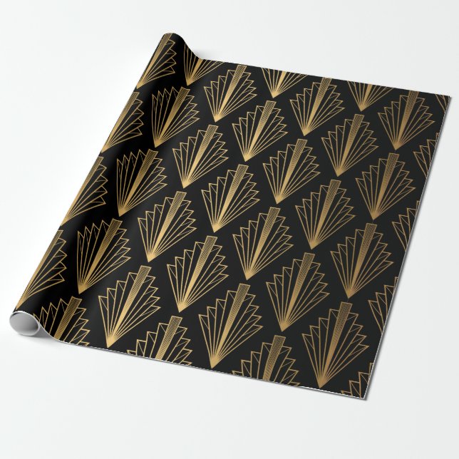 Papel De Presente Padrão sem costura preto e fundo dourado (Desenrolado)