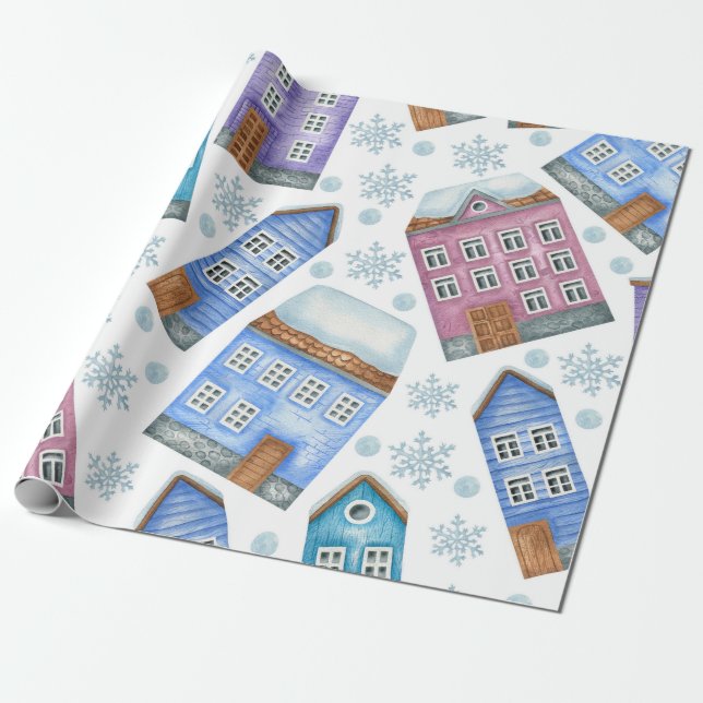 Papel De Presente Padrão sem costura que representa casas de inverno (Desenrolado)