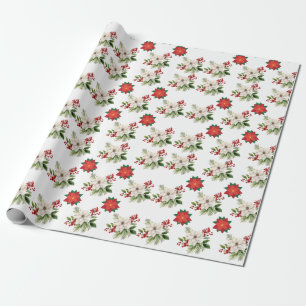 Papel De Presente Padrão sem soldadura floral, branco e vermelho