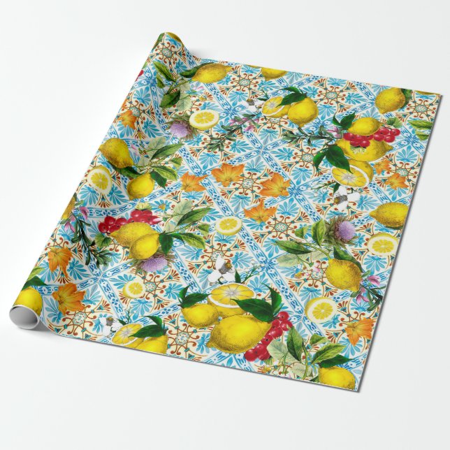 Papel De Presente Padrão siciliano de azulejos de limão e de vintage (Desenrolado)