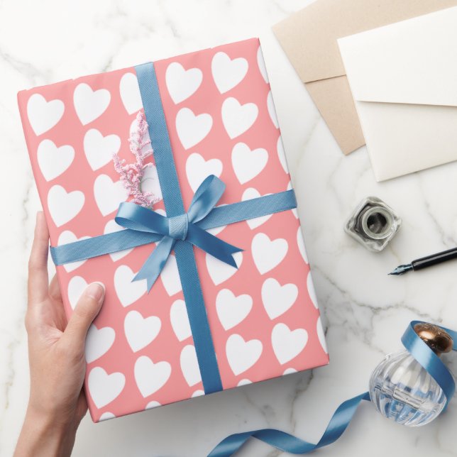 Papel De Presente Padrão Simples de Coração Branco Rosa Feminino (Presentear)