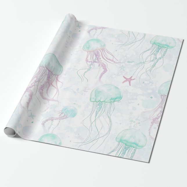 Papel De Presente Padrão Sonhador de Água-Marinha em Aquarela (Desenrolado)
