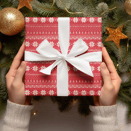 Papel De Presente Padrão Stripes Floco de Neve Vermelho e Branco Nat