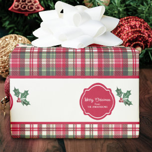 Papel De Presente Padrão tartan e azevinho natal personalizado