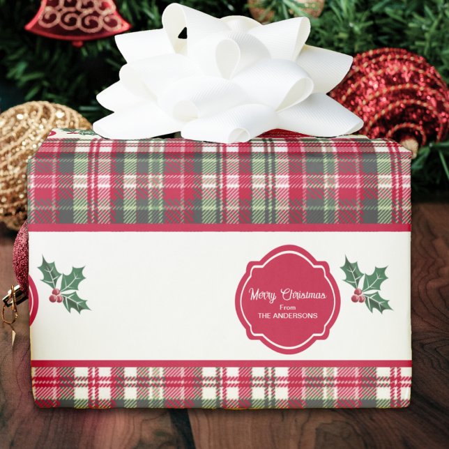 Papel De Presente Padrão tartan e azevinho natal personalizado  (Criador carregado)
