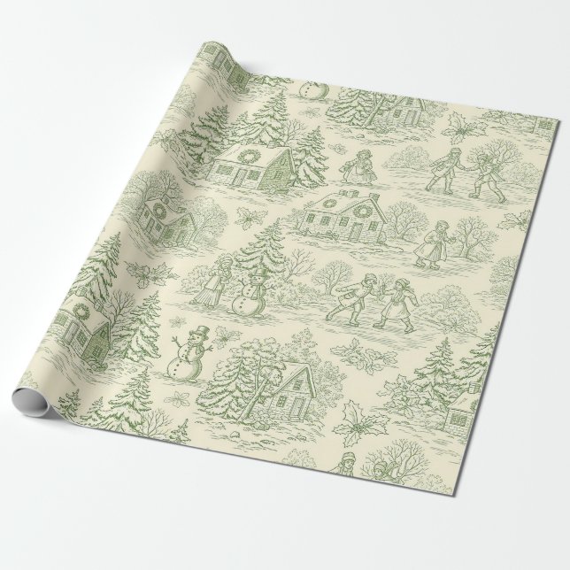 Papel De Presente Padrão Toile de Aldeia de Inverno Verde Suave (Desenrolado)