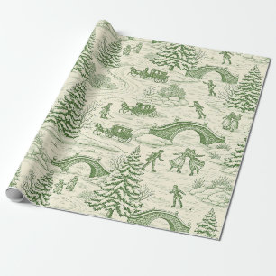 Papel De Presente Padrão Toile de Inverno Verde Creme Vitoriano