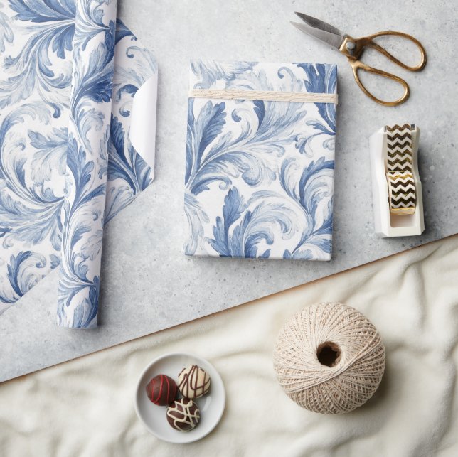 Papel De Presente Padrão Toile de País Francês Azul (Artesanato)