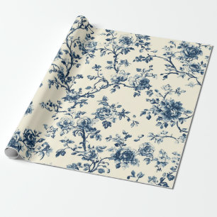 Papel De Presente Padrão Toile Floral Vintage Azul (2)