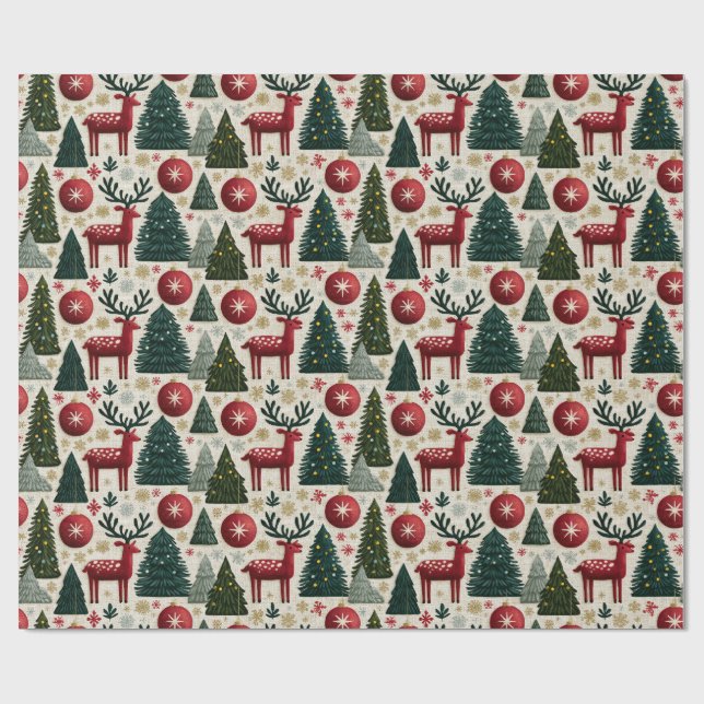 Papel De Presente Padrão Tradicional de Árvore de Natal com Rena  (Aberto)