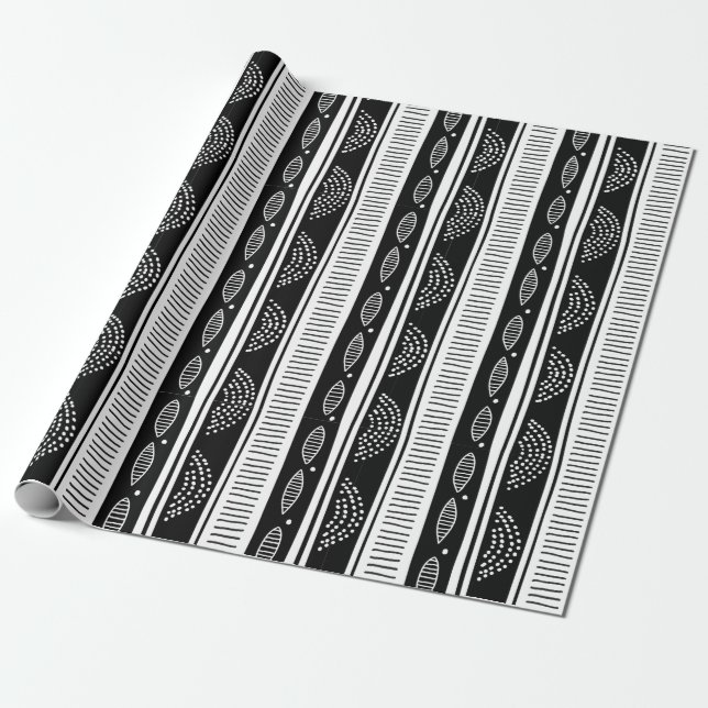 Papel De Presente Padrão tribal preto e branco moderno (Desenrolado)