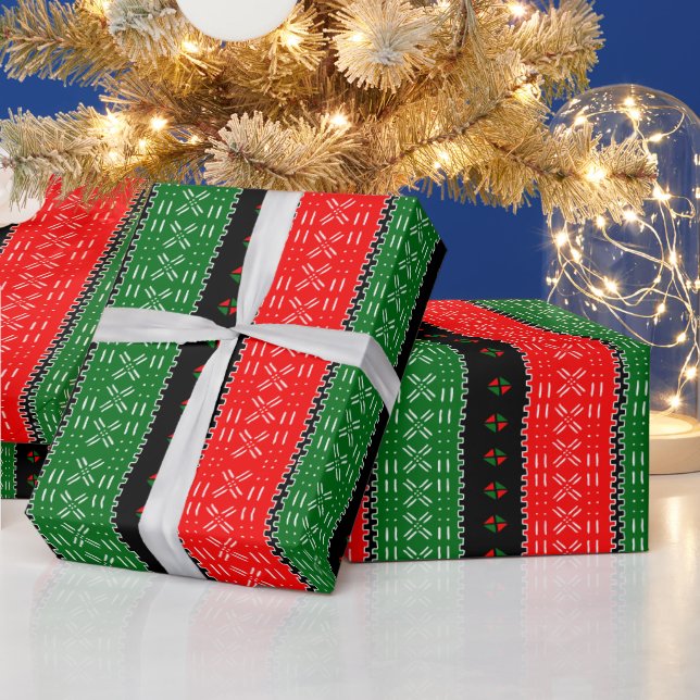 Papel De Presente Padrão Tribal Preto Vermelho E Verde (Feriados)