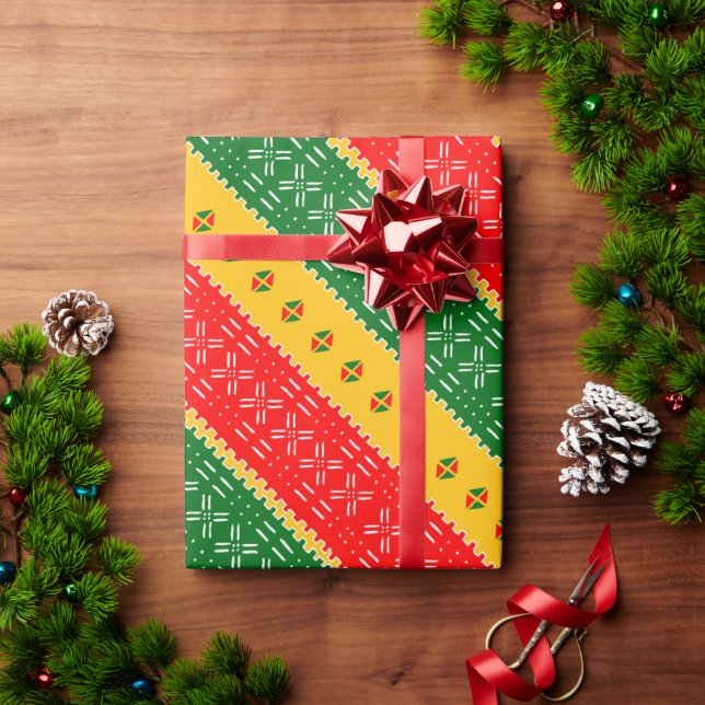 Papel De Presente Padrão Tribal Vermelho Dourado E Verde (Presente de Natal)