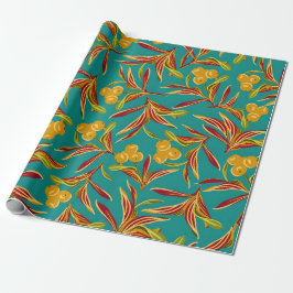 Papel De Presente Padrão Tropical com Folhas Vermelhas e Amarelas