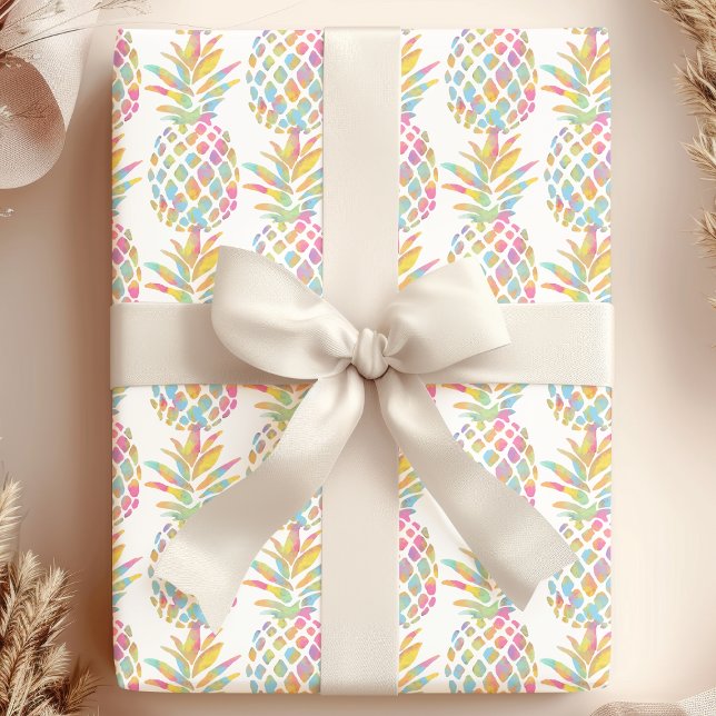 Papel De Presente Padrão Tropical de Abacaxi em Aquarela Arco-íris (Criador carregado)