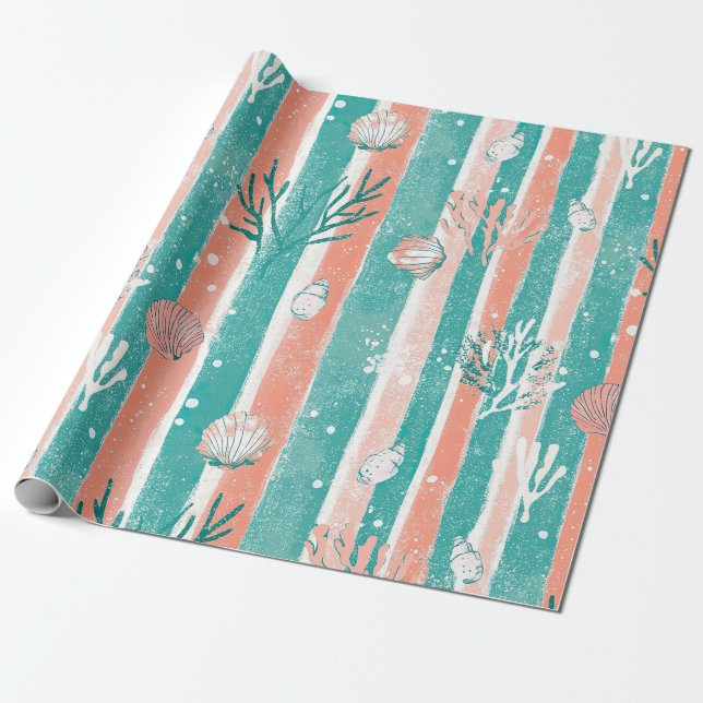 Papel De Presente Padrão Tropical de Coral Oceânico (Desenrolado)