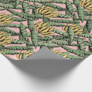 Papel De Presente Padrão Tropical Rosa e Amarelo Banana e Folhas