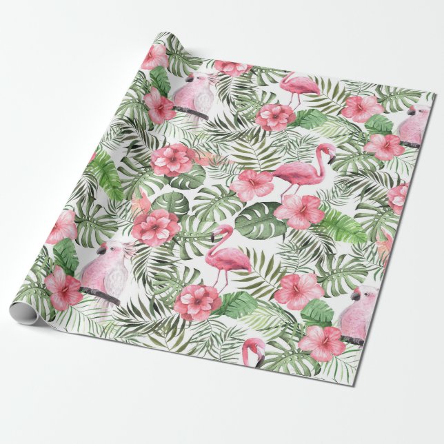 Papel De Presente Padrão Tropical Rosa e Verde Aquarela (Desenrolado)