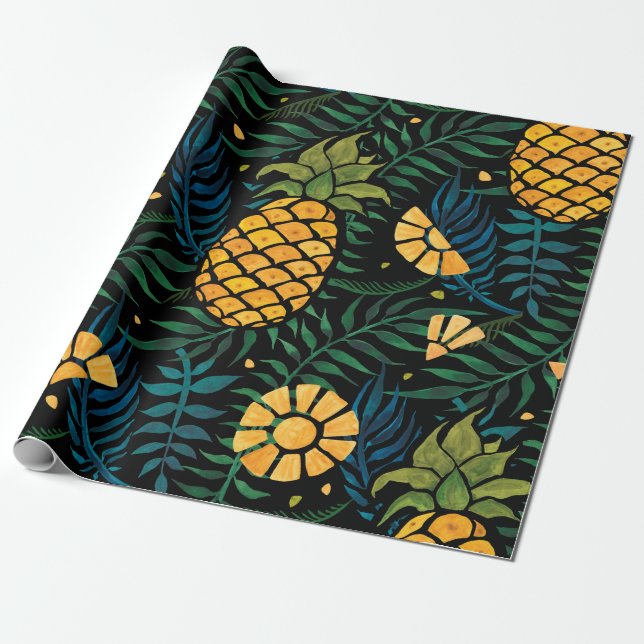 Papel De Presente Padrão tropical sem costura com ananás e palma (Desenrolado)