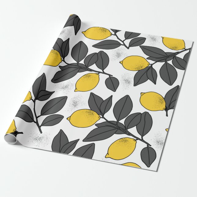 Papel De Presente Padrão tropical sem costura com limões amarelos. P (Desenrolado)
