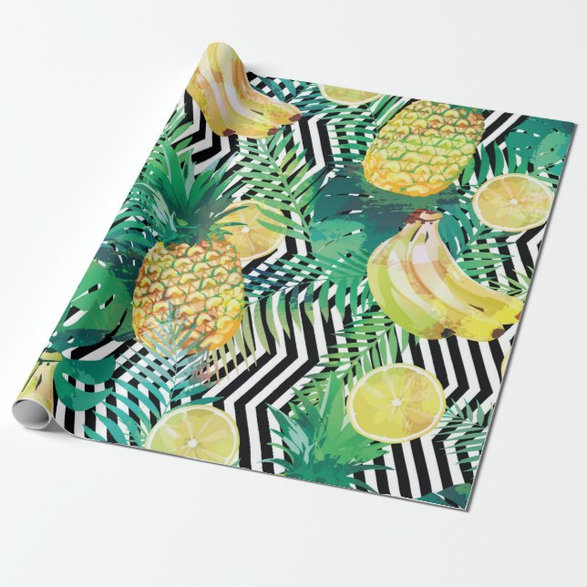 Papel De Presente Padrão tropical sem costura com palma de limões de (Desenrolado)