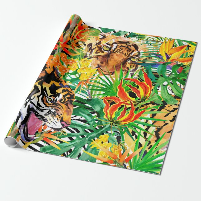 Papel De Presente padrão tropical uniforme com tigre. aquarela j (Desenrolado)