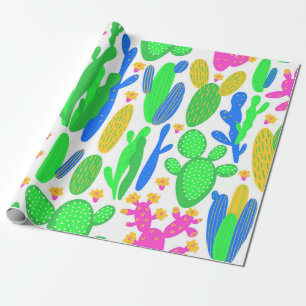 Papel De Presente padrão uniforme com cacto em fundo branco.