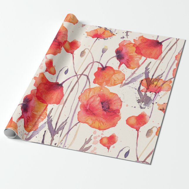 Papel De Presente Padrão uniforme de aquarela com papoilas vermelhas (Desenrolado)
