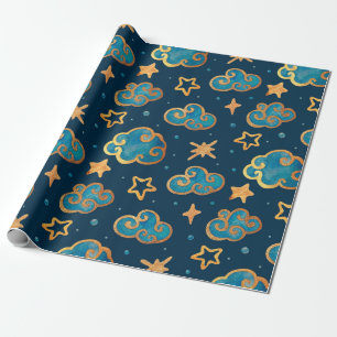 Papel De Presente Padrão uniforme de aquarelas com a lua, estrelas,