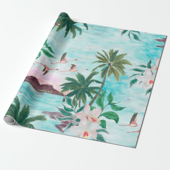 Papel De Presente Padrão uniforme de pintura aquosa com hawaiano (Desenrolado)
