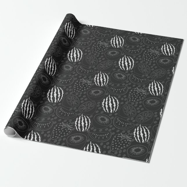 Papel De Presente Padrão uniforme em fruta preto e branco Tropical (Desenrolado)