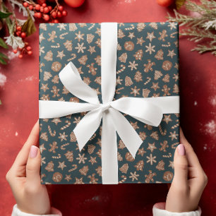 Papel De Presente Padrão Verde de Biscoitos de Natal