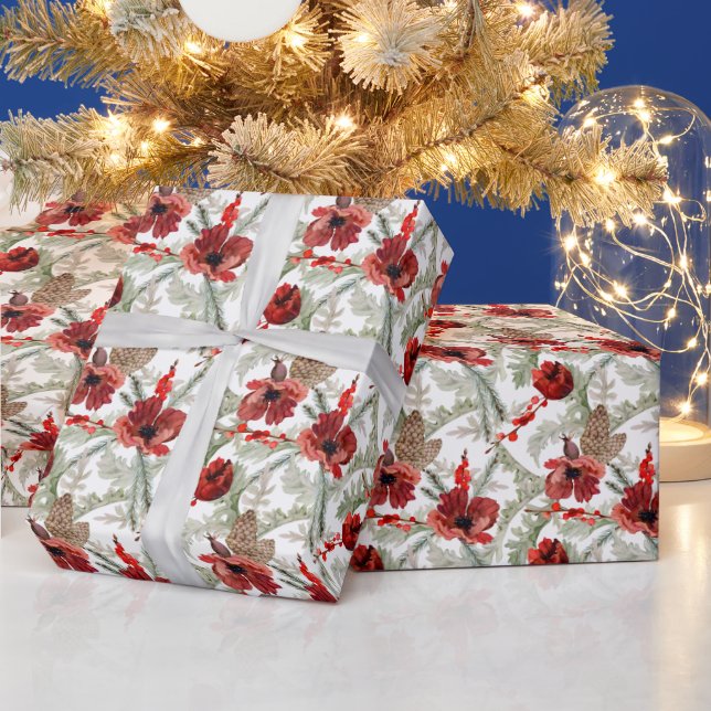 Papel De Presente Padrão Verde de Natal das Flores Vermelhas de Aqua (Feriados)