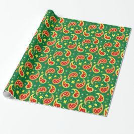Papel De Presente Padrão verde, vermelho e amarelo de natal Paisley